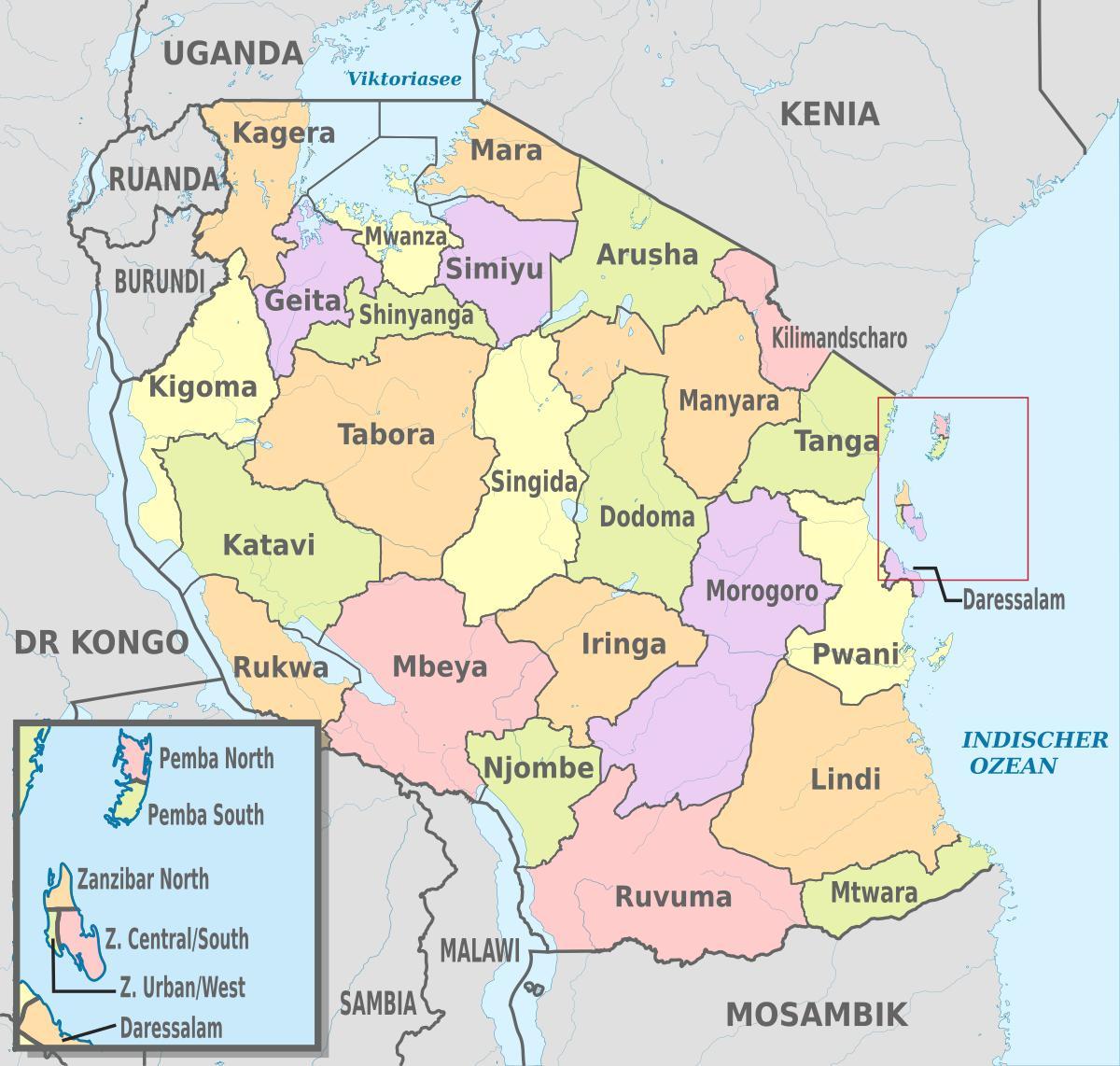 טנזניה מפה עם אזורים חדשים