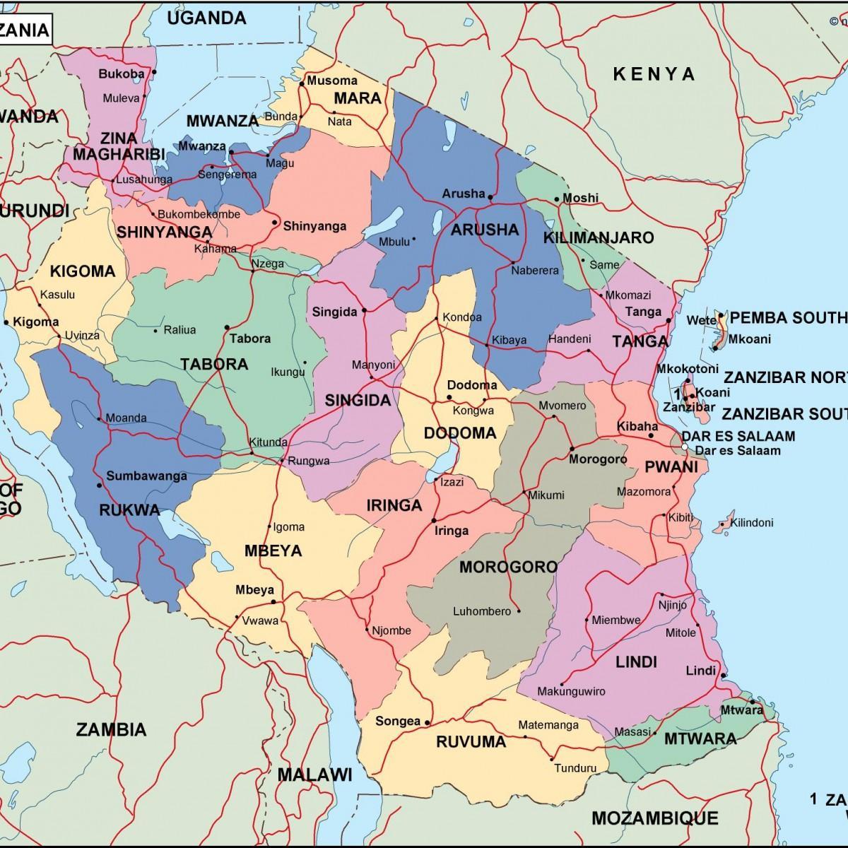 מפה של טנזניה פוליטי.