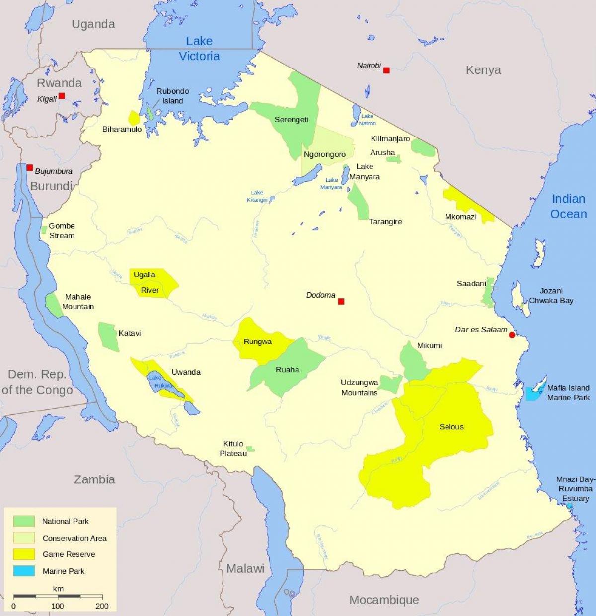 הגנים הלאומיים של טנזניה מפה