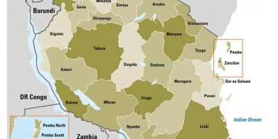 מפה של טנזניה מראה אזורים