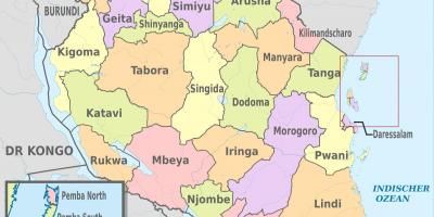מפה של טנזניה מראה אזורים ומחוזות